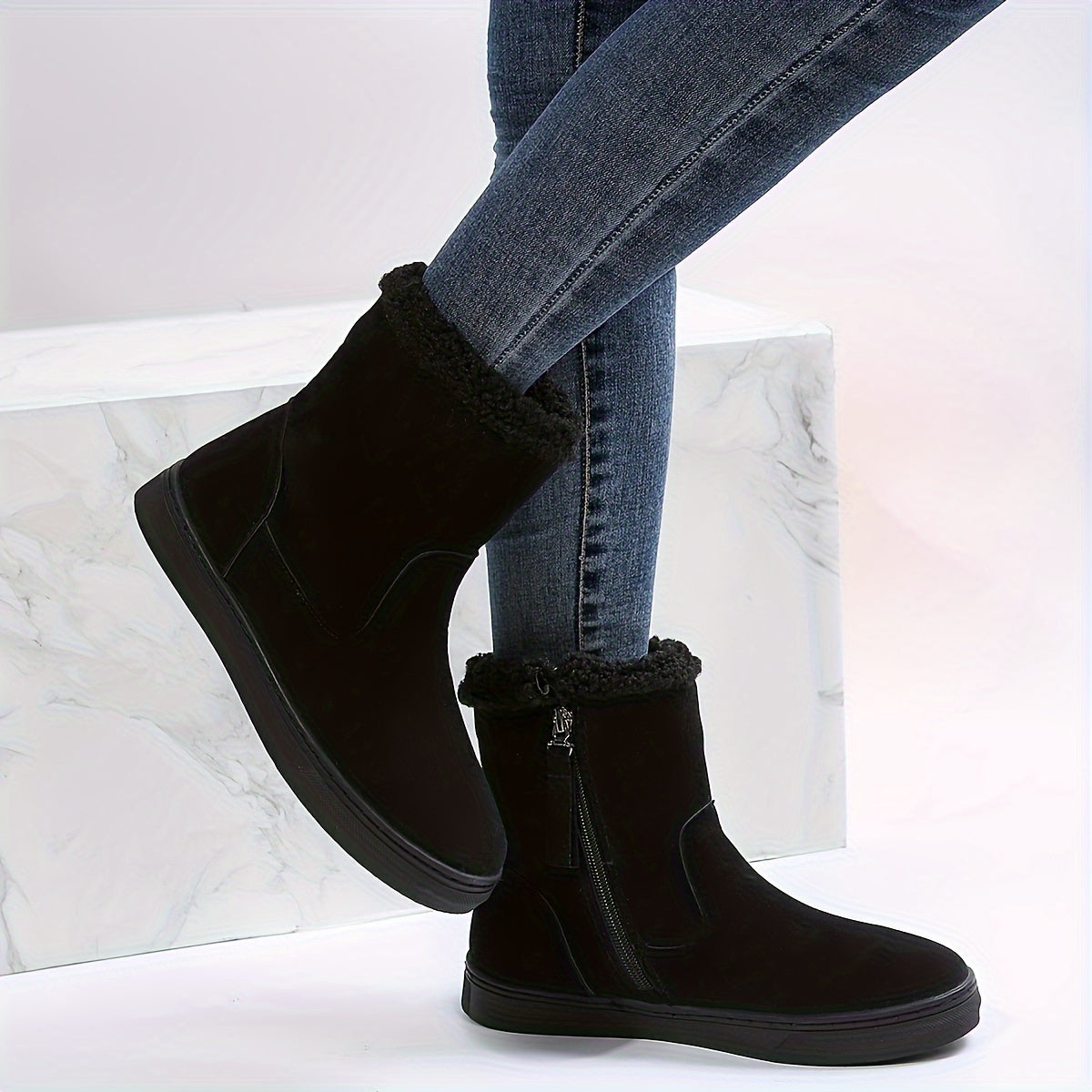 Solid Suede Snow Boots with Side Zipper