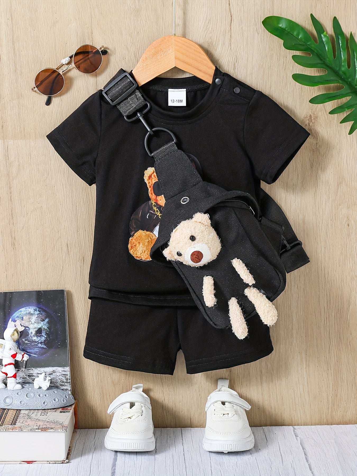 Toddler Boys Casual Outfit Set with T-shirt, Shorts, and Bear Bag