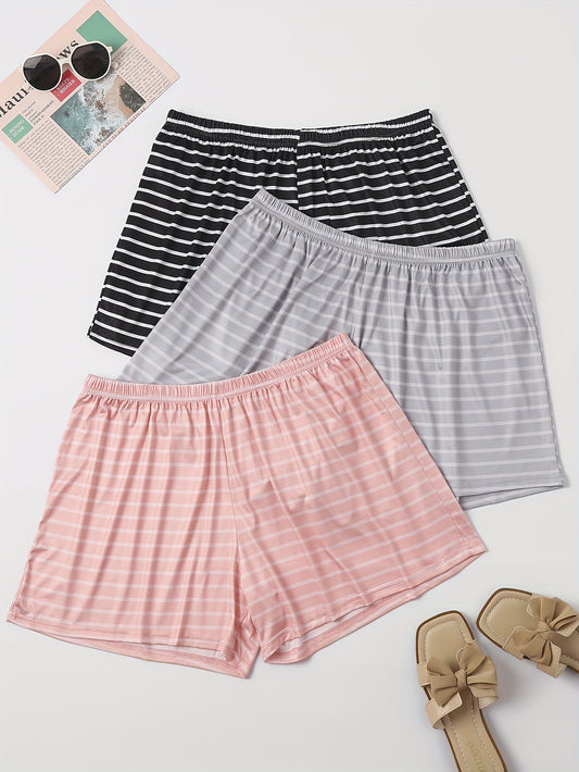3 Pack Plus Size Striped Lounge Bottoms Set Elastic Waist Sleepwear