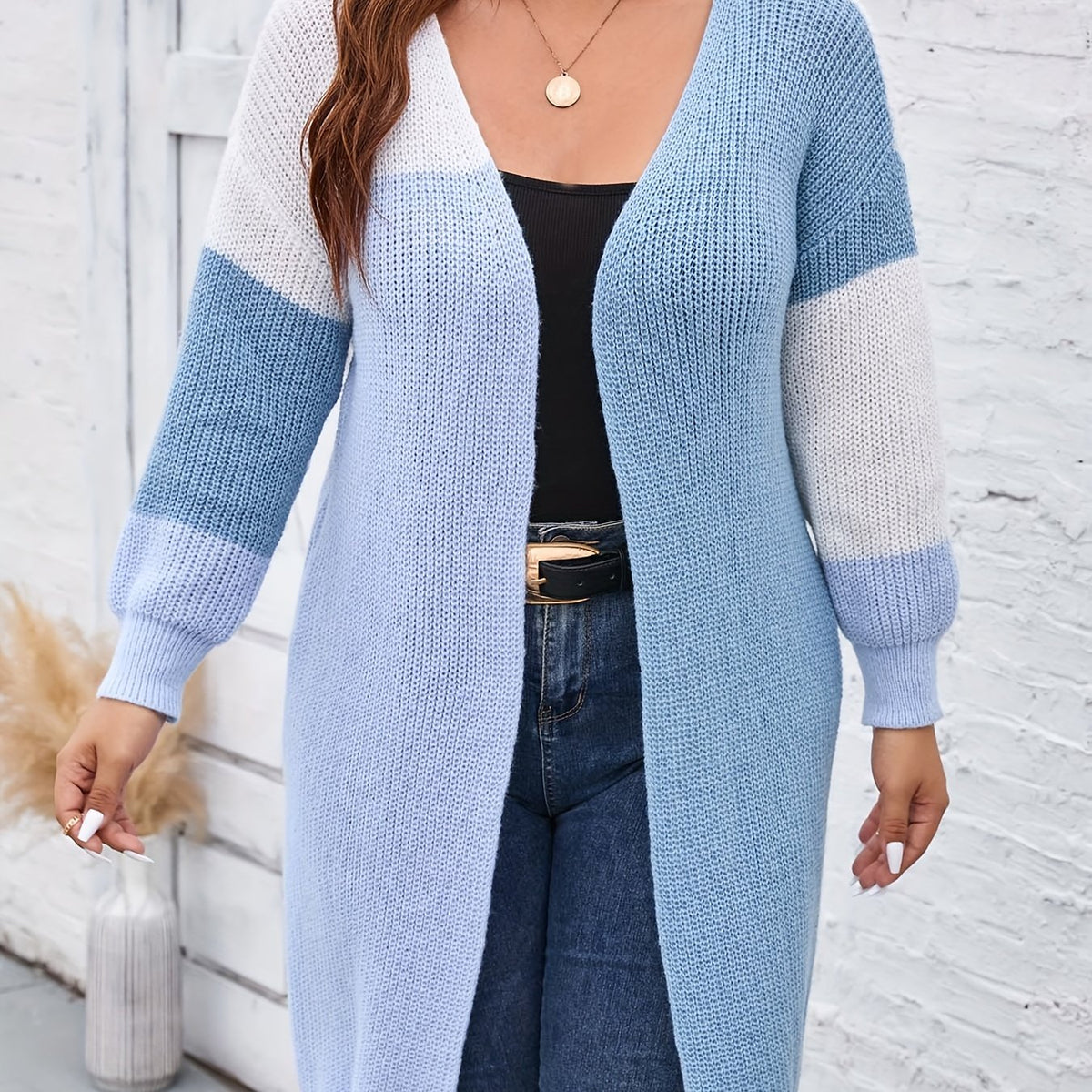  Colorblock Long Sleeve Open Front Cardigan