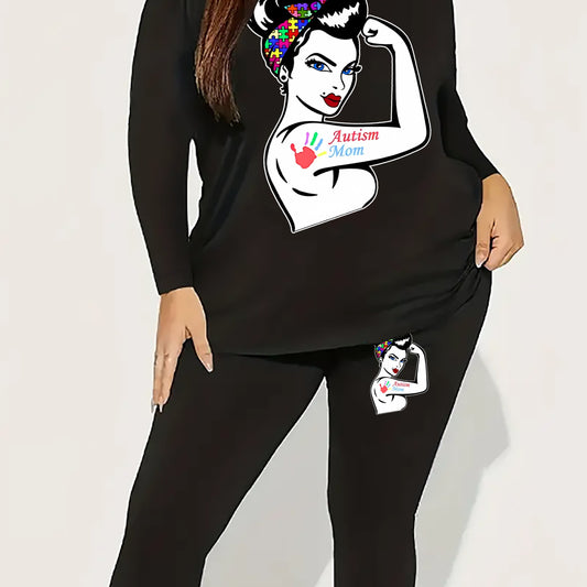  Figure & Letter Print Top & Leggings Set