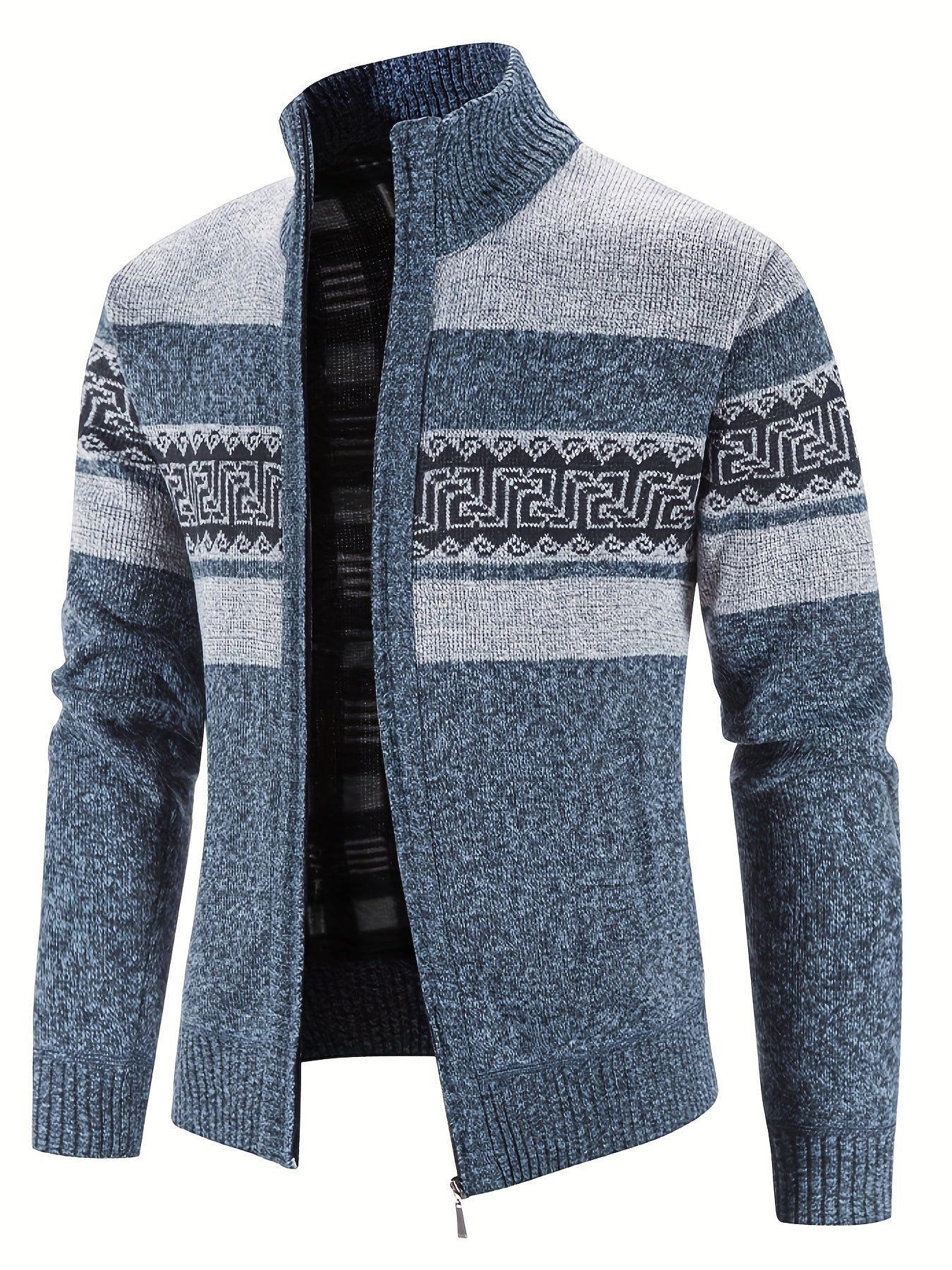 Geometric Pattern Stand Collar Cardigan Men's Zip Up Jacket