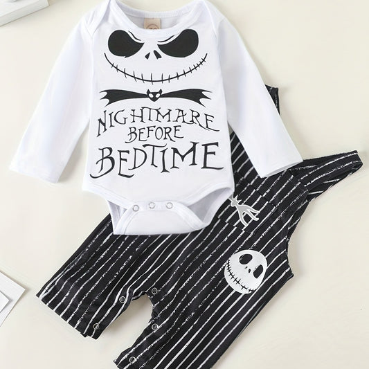 Baby Boys Halloween Printed Cotton Costume Strap Romper & Skull Trousers