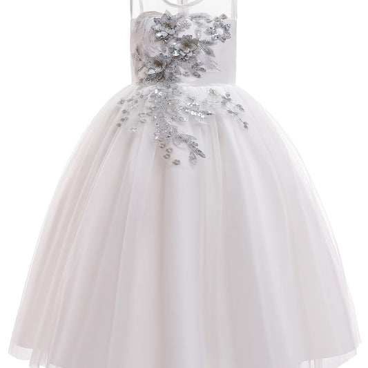 Girls Floral Sleeveless Mesh Princess Dress For Kids
