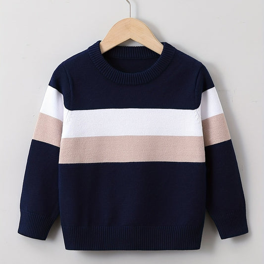 Boys Block Sweater Round Neck Long Sleeve Knit Pullover Top