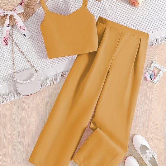 2 Pcs Girls' Cropped Cami Shirt & High Waist Trousers Set For Party