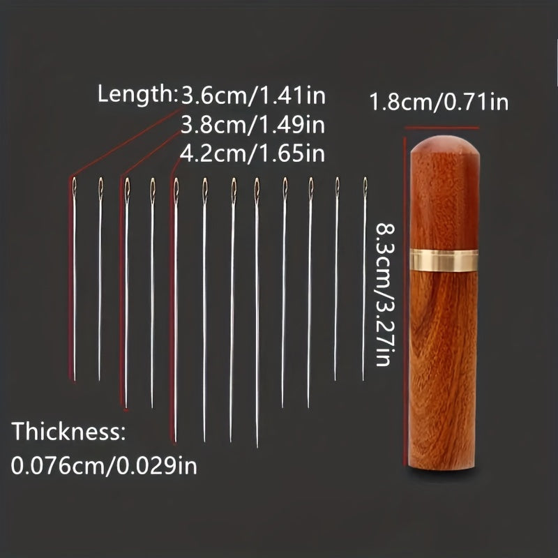 12pcs Hand Sewing Needles Big Eye Hole Wooden Storage Box