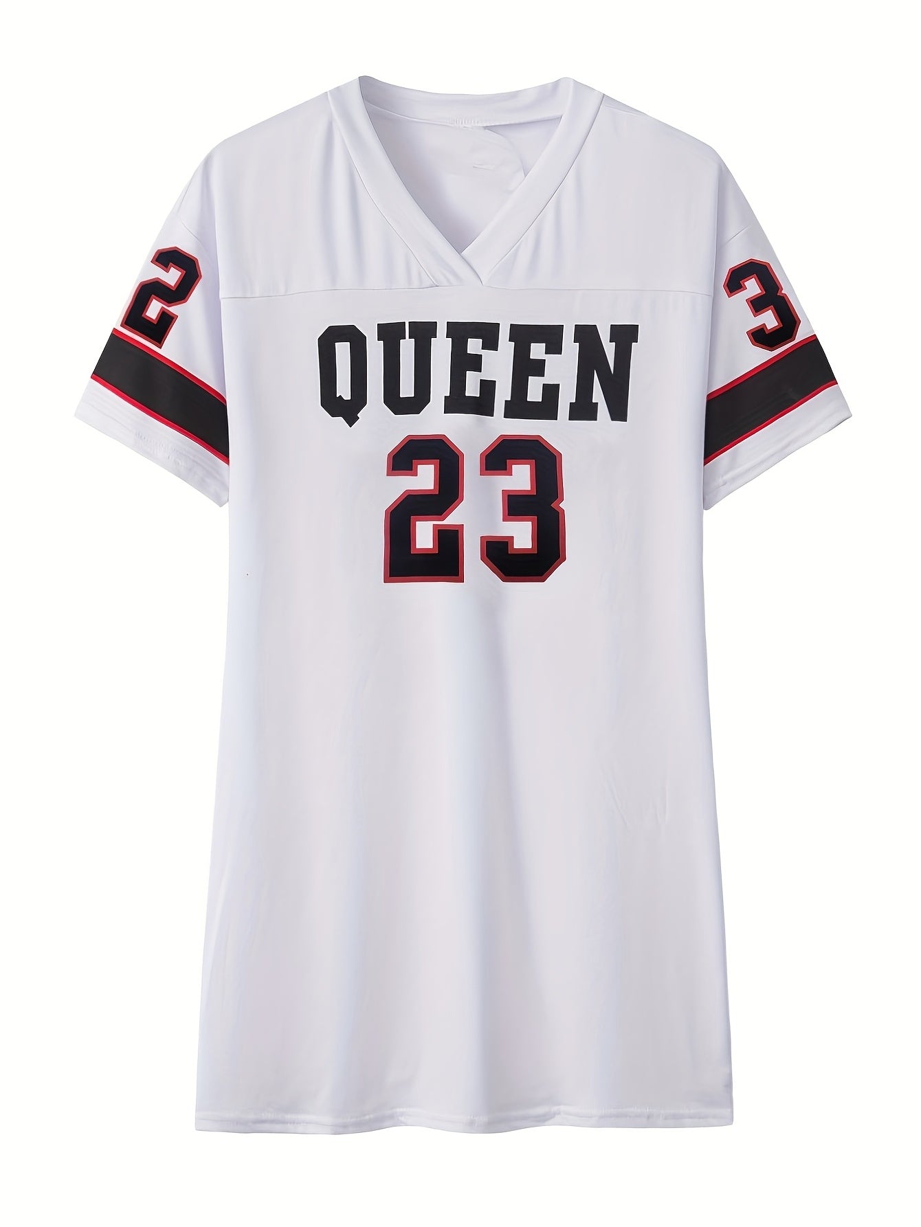 Queen Letter Print Mini Dress V Neck Casual Dress For Spring & Summer