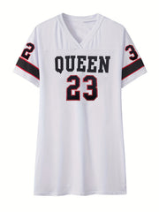 Queen Letter Print Mini Dress V Neck Casual Dress For Spring & Summer