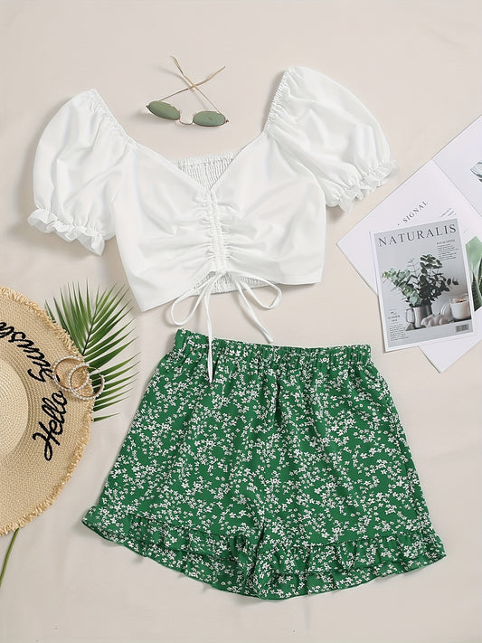 Casual Two Piece Set Drawstring Puff Sleeve Tops & Floral Print Elastic Shorts