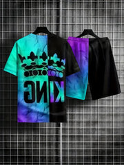 2pcs Men's Block & King Print T-shirt & Stretch Shorts for Outdoor