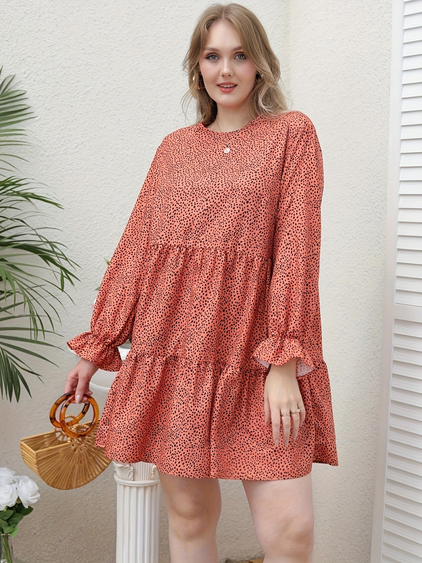 Leopard Print Flounce Sleeve Round Neck Smock Mini Dress