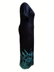  Feather Print Maxi Dress With Pockets