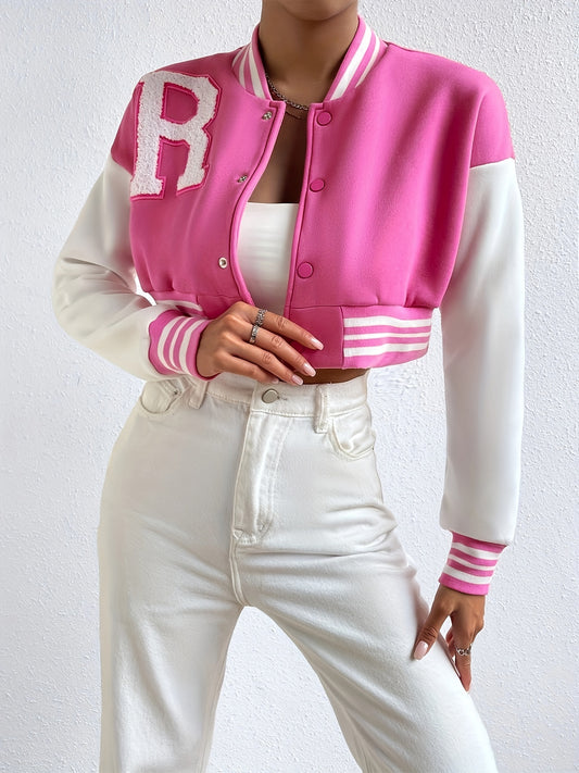 Preppy Cropped Baseball Neck Jacket Women's Clothing