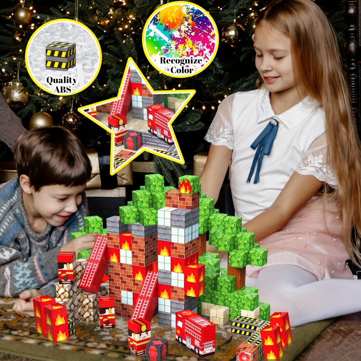Magnetic Building Blocks Firefighter & Fire Truck Playset Educational Toy