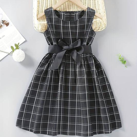 Girls Plaid Sleeveless Dress with Bow Belt