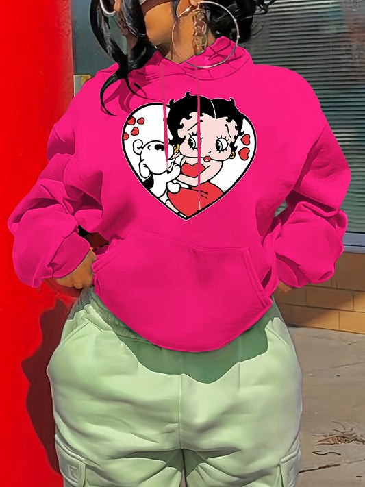 Cartoon Print Hoodie Drawstring Casual Hooded Sweatshirt