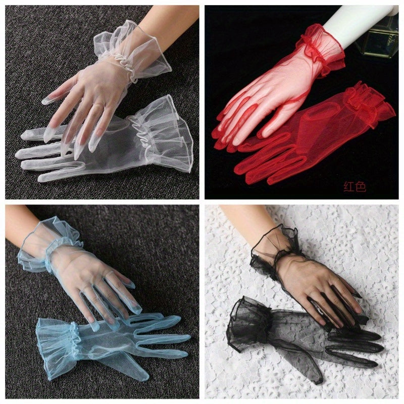2pcs Sheer Mesh Short Gloves Ruffled Sleeve L