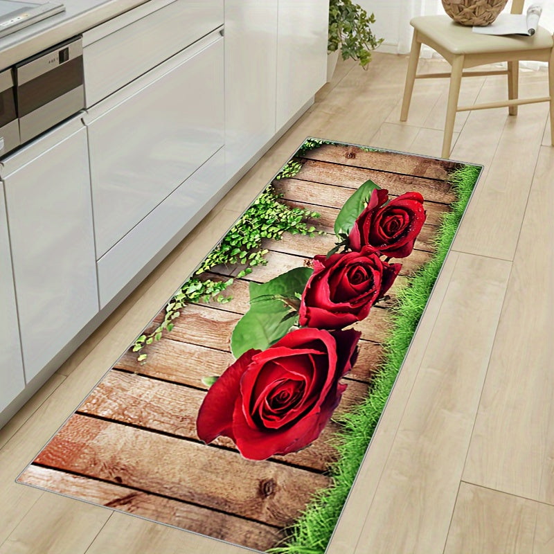 2pcs Kitchen Decor Area Rug Wooden Panel Rose Pattern Kitchen Floor Mat