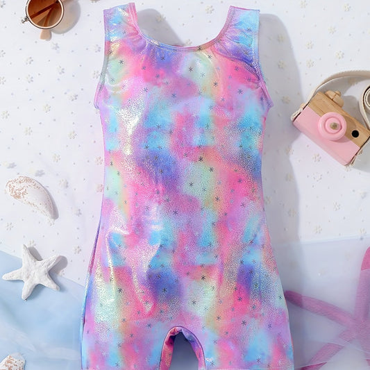 Girls Multicolor Graphic Swimsuit Romper Sleeveless Gymnastics Dance Bike