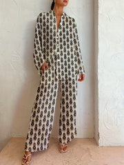  Allover Print Long Sleeve Shirt & Loose Pants Set