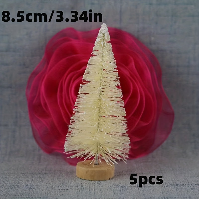 5pcs Mini Christmas Tree Sisal Tree And Wooden Base Bottle Brush Tree