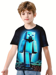 Pixel Man 3D Print Boy's Tee Short Sleeve Crew Neck T-shirt for Kids
