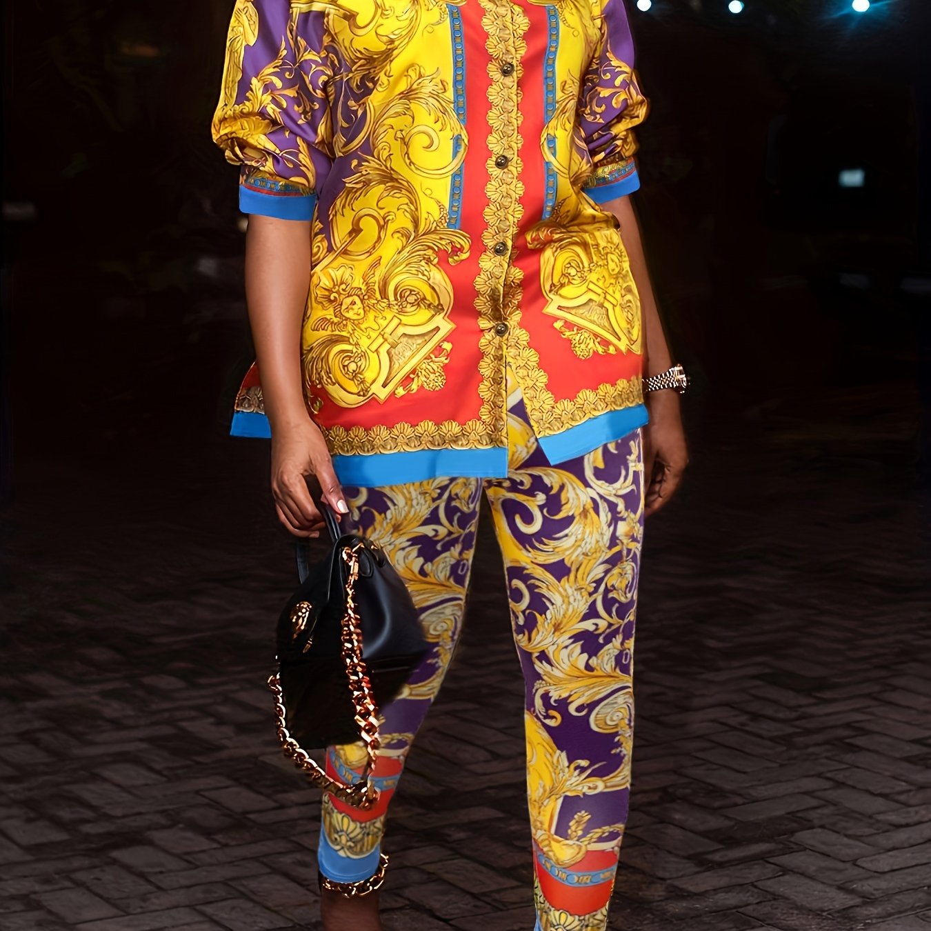  Baroque Print Long Sleeve Top & Pants Set
