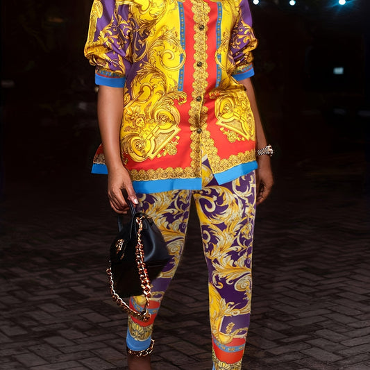  Baroque Print Long Sleeve Top & Pants Set
