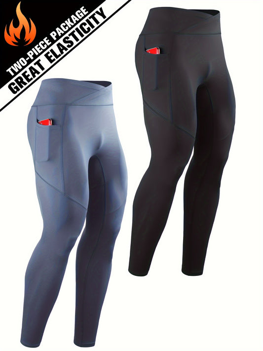 Men's Solid Pocket Leggings Active Compression Pants For Outdoor Running