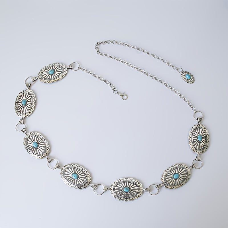 Turquoise Chain Waist Belt Silver Cowgirl Western Oval Tripe Belts