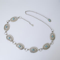 Turquoise Chain Waist Belt Silver Cowgirl Western Oval Tripe Belts