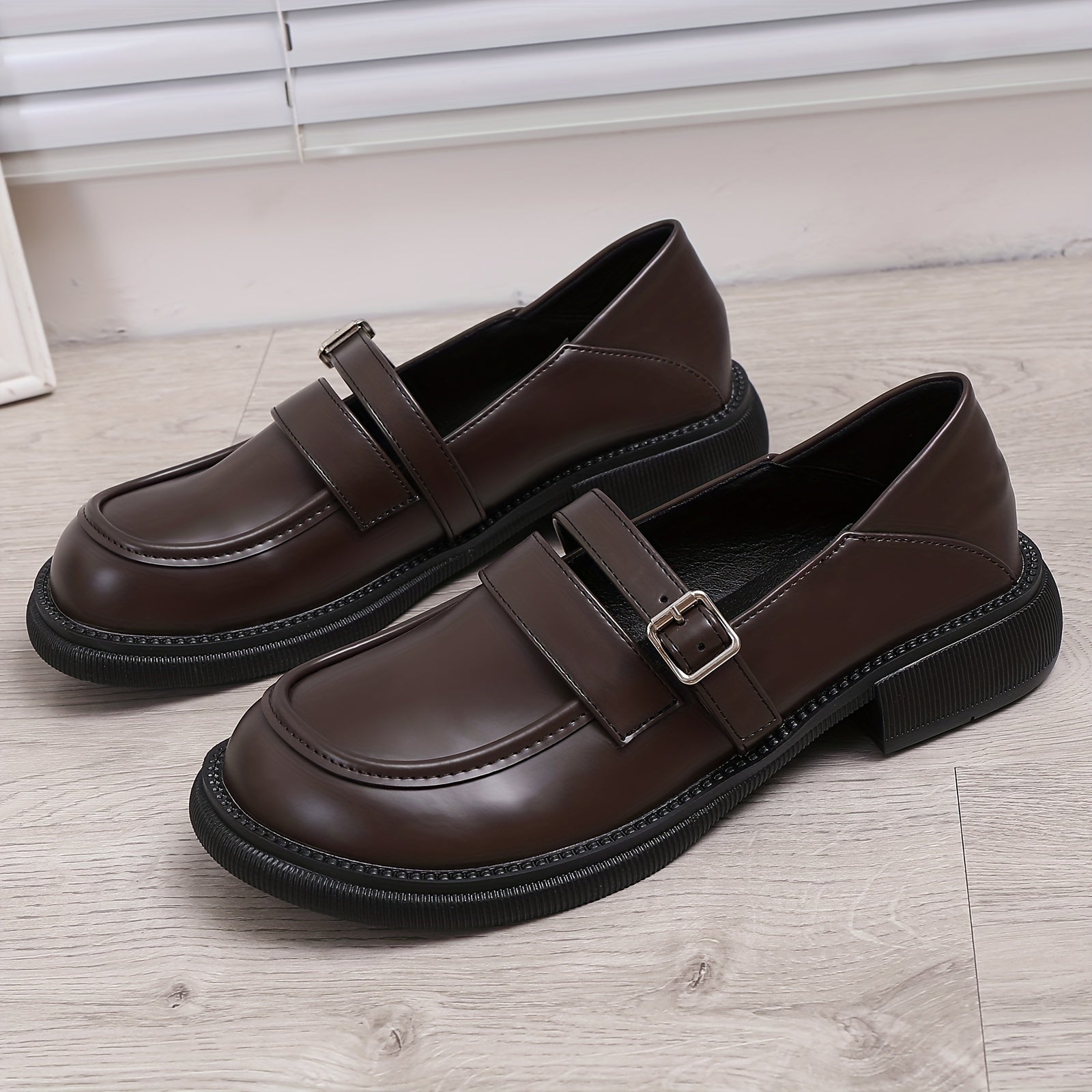 Women's Retro Chunky Heel Loafers Buckle Strap Comfortable Walking Shoes