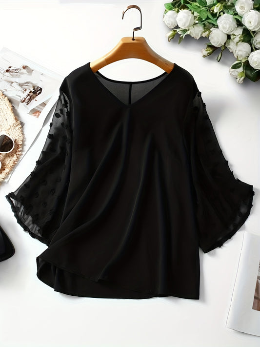 Solid Pompom Half Sleeve Top - Plus Size