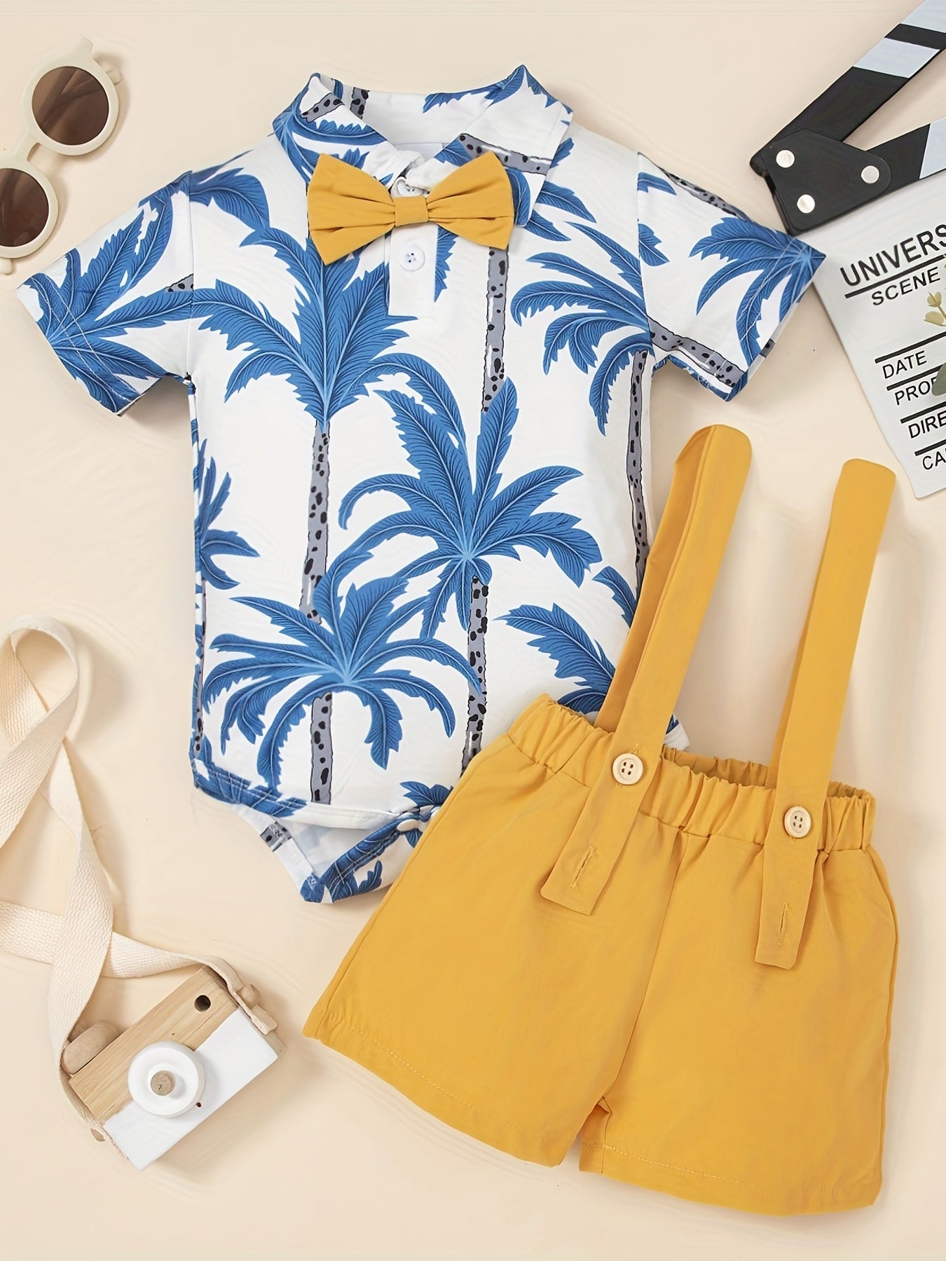 2pcs Baby Boys Coconut Tree Onesie & Suspender Shorts Set