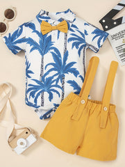 2pcs Baby Boys Coconut Tree Onesie & Suspender Shorts Set
