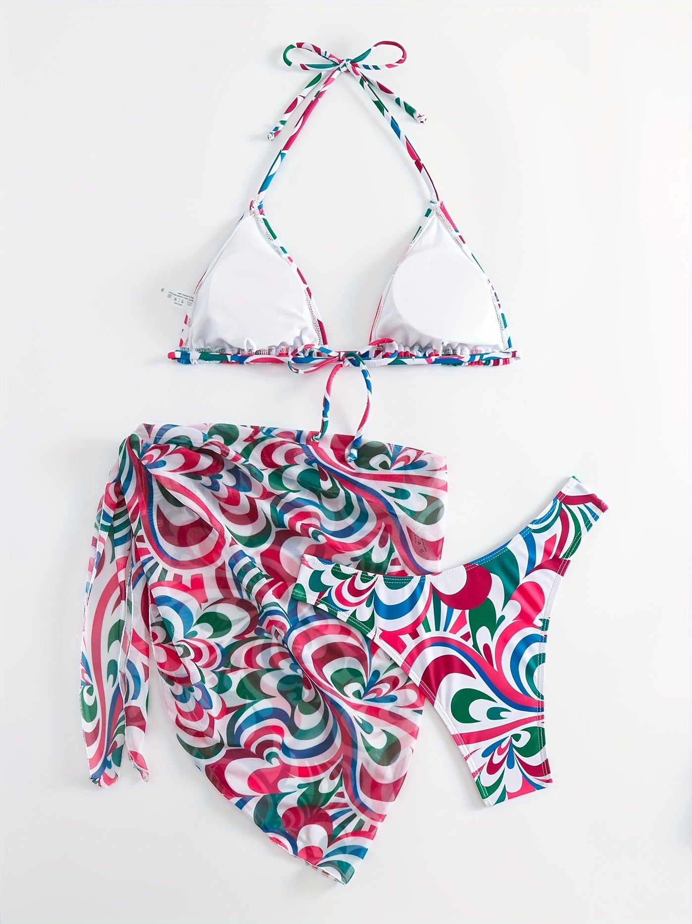 Halter Tie Back 3 Piece Swimsuit Set Bikini With Cover Up