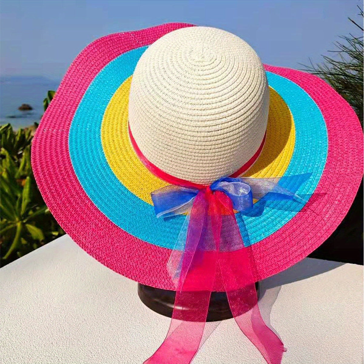 Rose Red Candy Striped Sun Hat Wide Brim Rainbow Ribbon Bowknot Decor