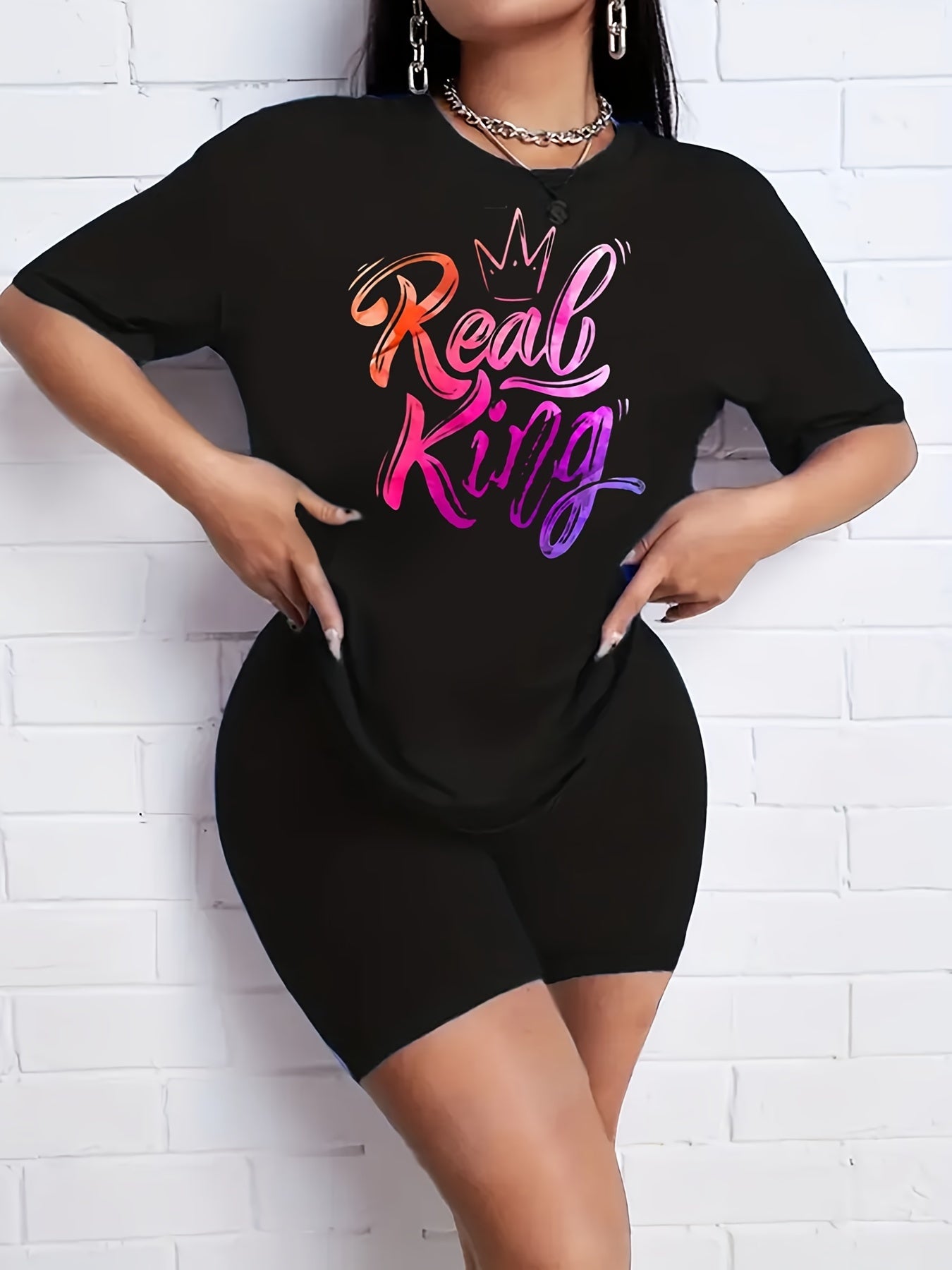 2pcs Summer Casual Sports Sets T shirts & Solid Shorts Women's Activewear