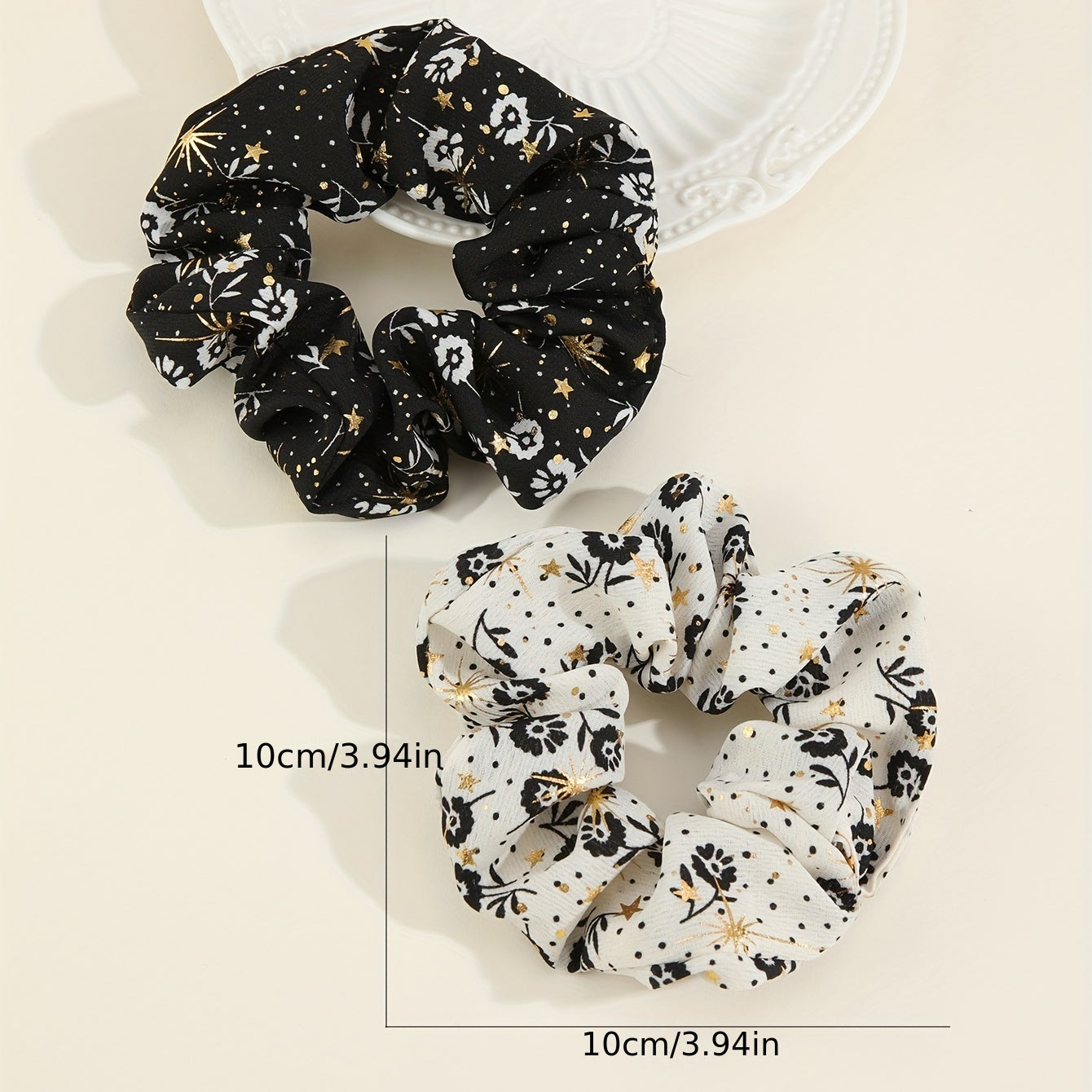 2pcs Boho Foral Print Scrunchies Hair Tie Glod Sparkle Hair Rope