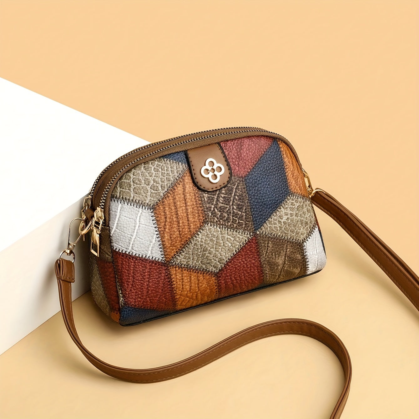 Colorblock Crossbody Bag with Rhombus Print Shoulder Purse