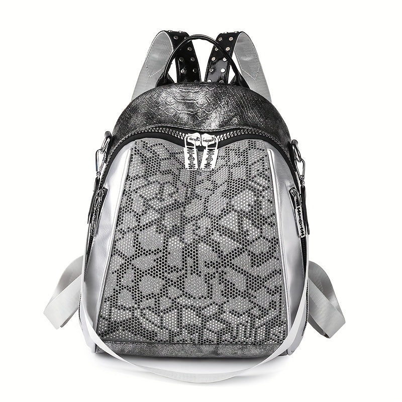 Snakeskin Pattern Backpack Purse Vintage Rhinestone Travel Schoolbag