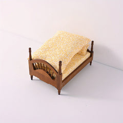Mini Dollhouse Wooden Bed Vintage Floral Pattern Yellow