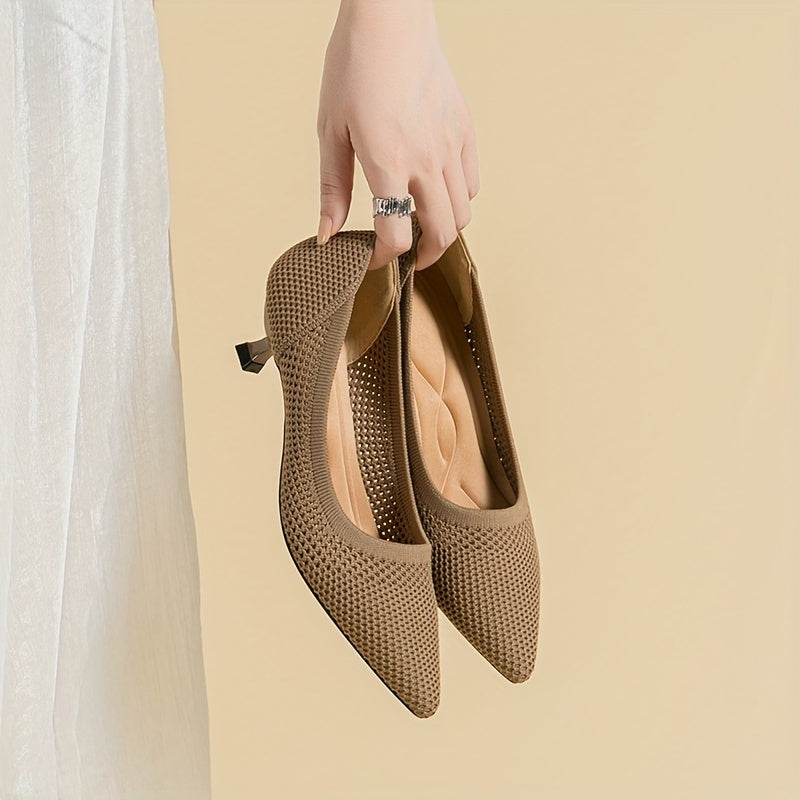 Women's Knit Kitten Heels Slip On Low Heels Comfy Shoes