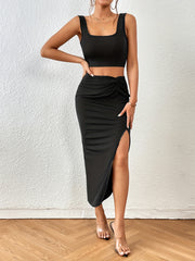 Casual 2pc Crop Tank Top & Side Split Twist Skirt Outfits Women's Clothing