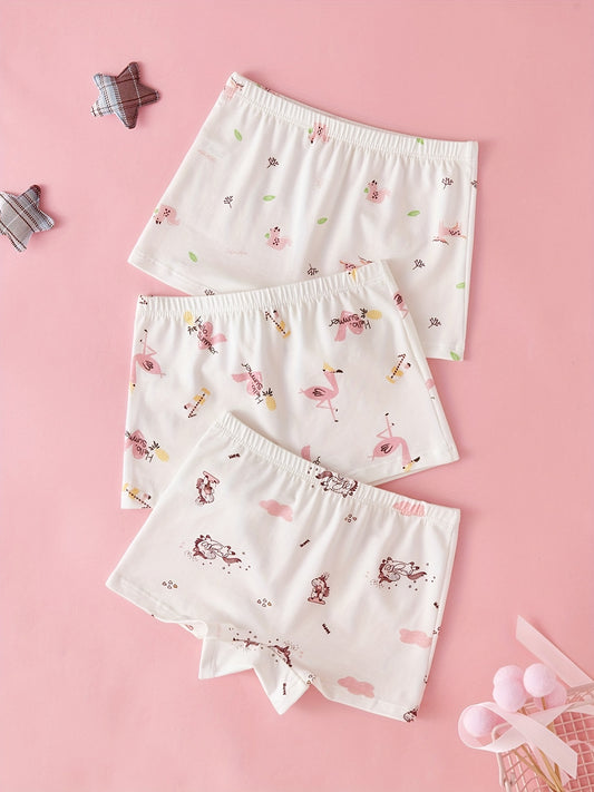 3pcs Girls Boxer Briefs Elastic Waist Cartoon Animals Print Underwear