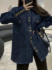 Dark Lapel Denim Jackets Long Sleeves Button Closure Loose Fit