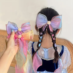 Colorful Ribbon Bow Hair Clips with Faux Pearl Tassel - Party Hair Accessories