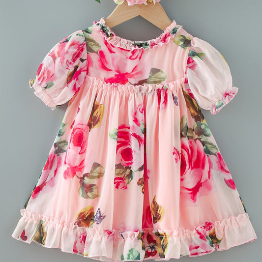Baby Girls Rose Print Dress with Ruffle Sleeve for Summer