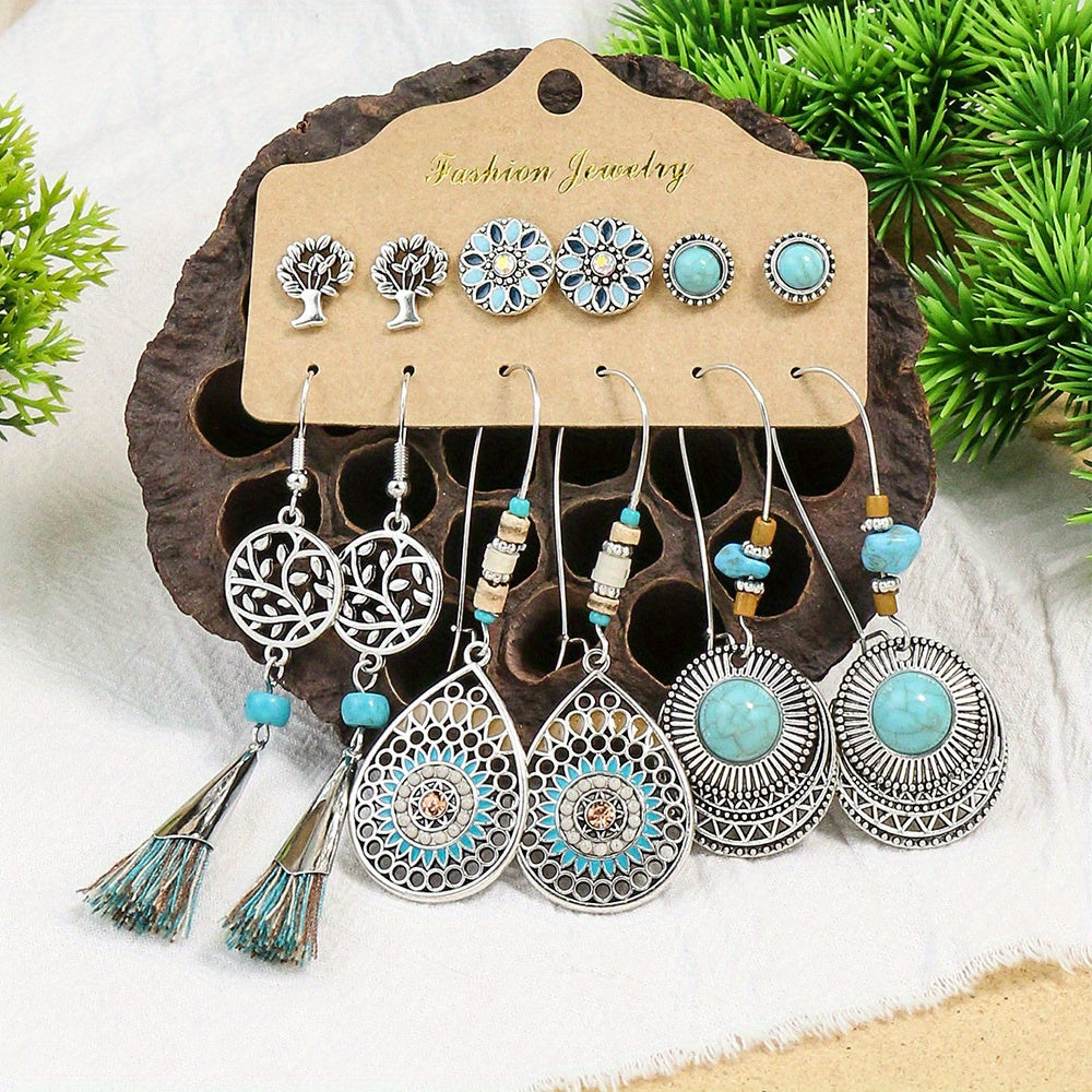 Boho Holiday Earrings Set Silver Geometric Retro Ear Jewelry